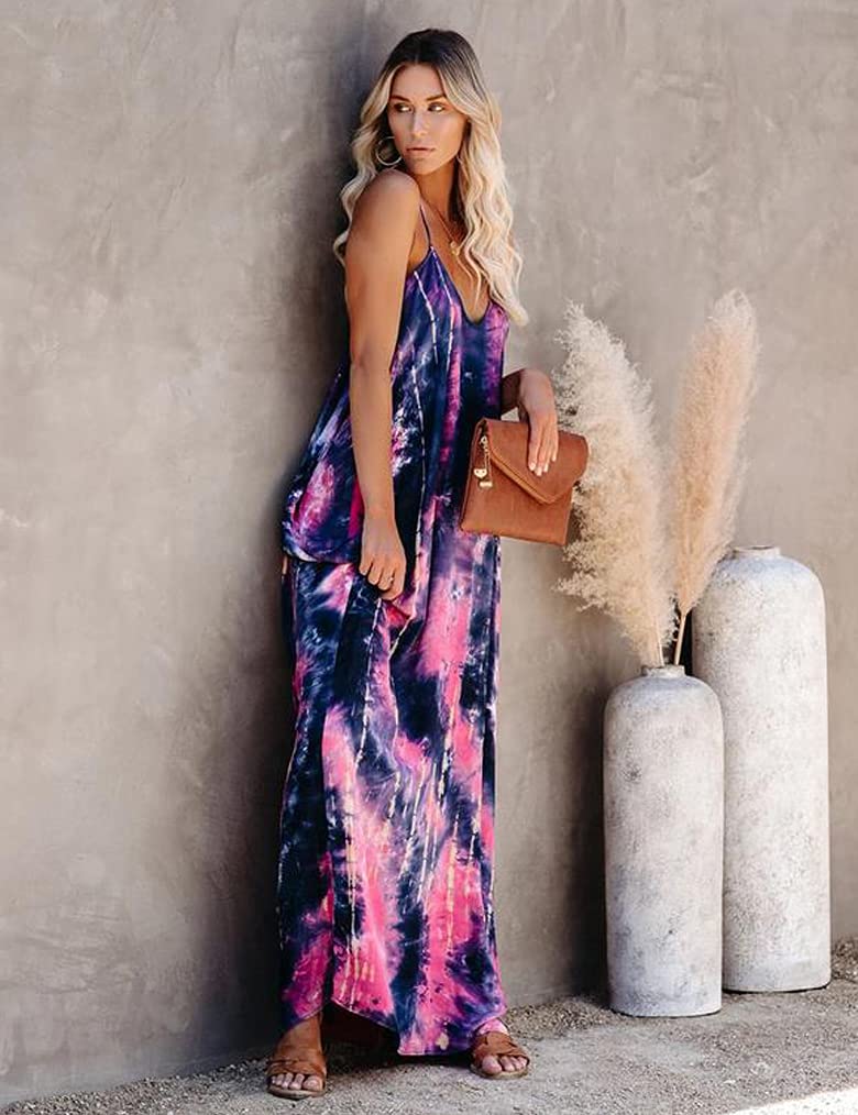 Poetsky Womens Casual Tie Dye Strappy Dress V Neck Sleeveless with Pockets Loose Long Maxi Sundress (M, PAT3) - Image 3